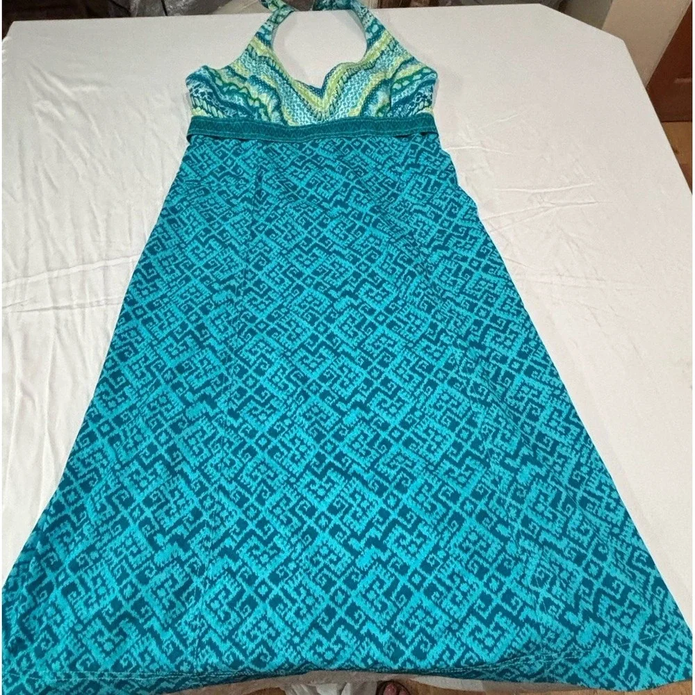 Athleta Pack Everywhere V Neck Halter Dress Turquoise Teal Geometric Design Sz 8